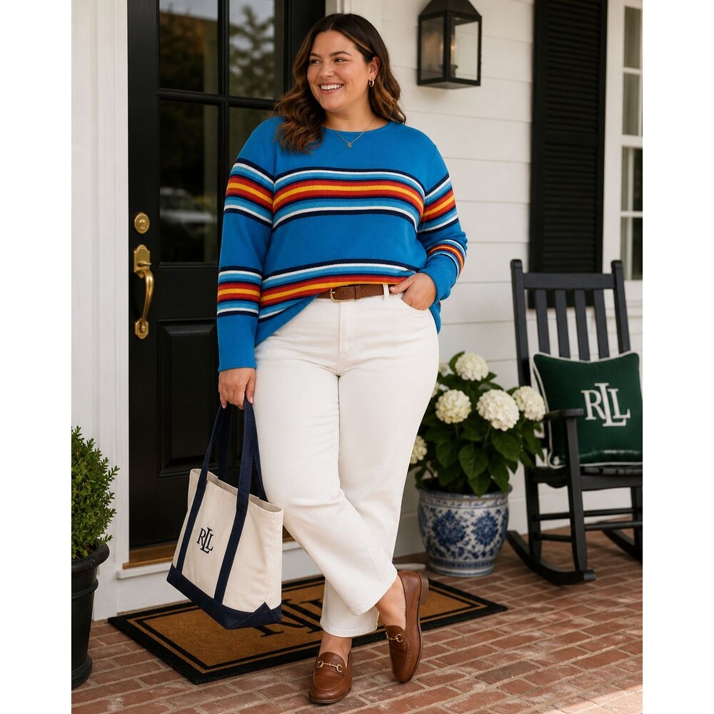 Lauren Ralph Lauren Striped Crew Neck Sweater Women's Size 2X Cotton Preppy